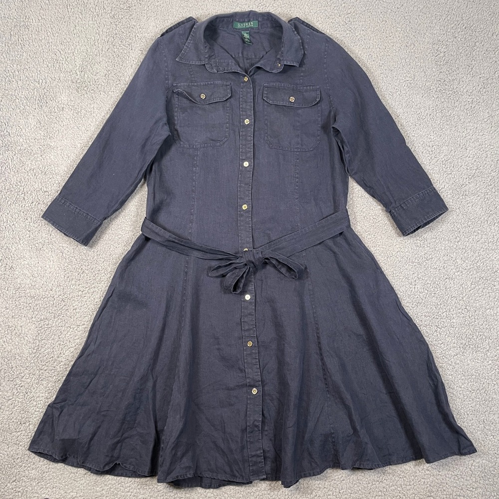 Lauren Ralph Lauren 100% Linen Shirt Dress Womens L Blue Gold Button Tab Sleeve